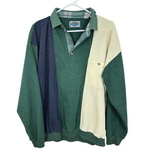 Vintage Waffle Knit Essentials Mens Size L Color Block Polo Shirt Long Sleeve